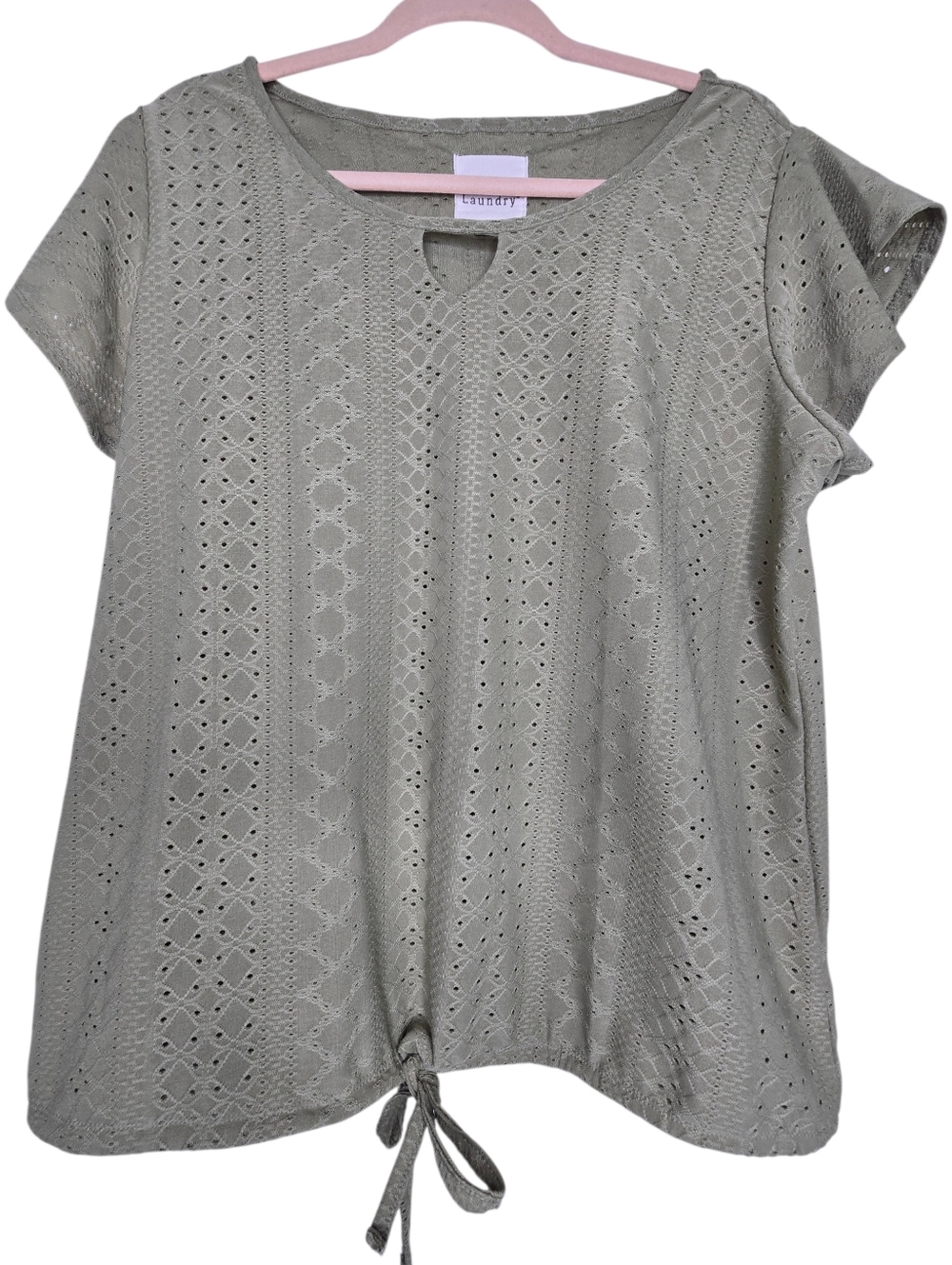 New York Laundry olive green top with intricate eyelet embroidery patterns